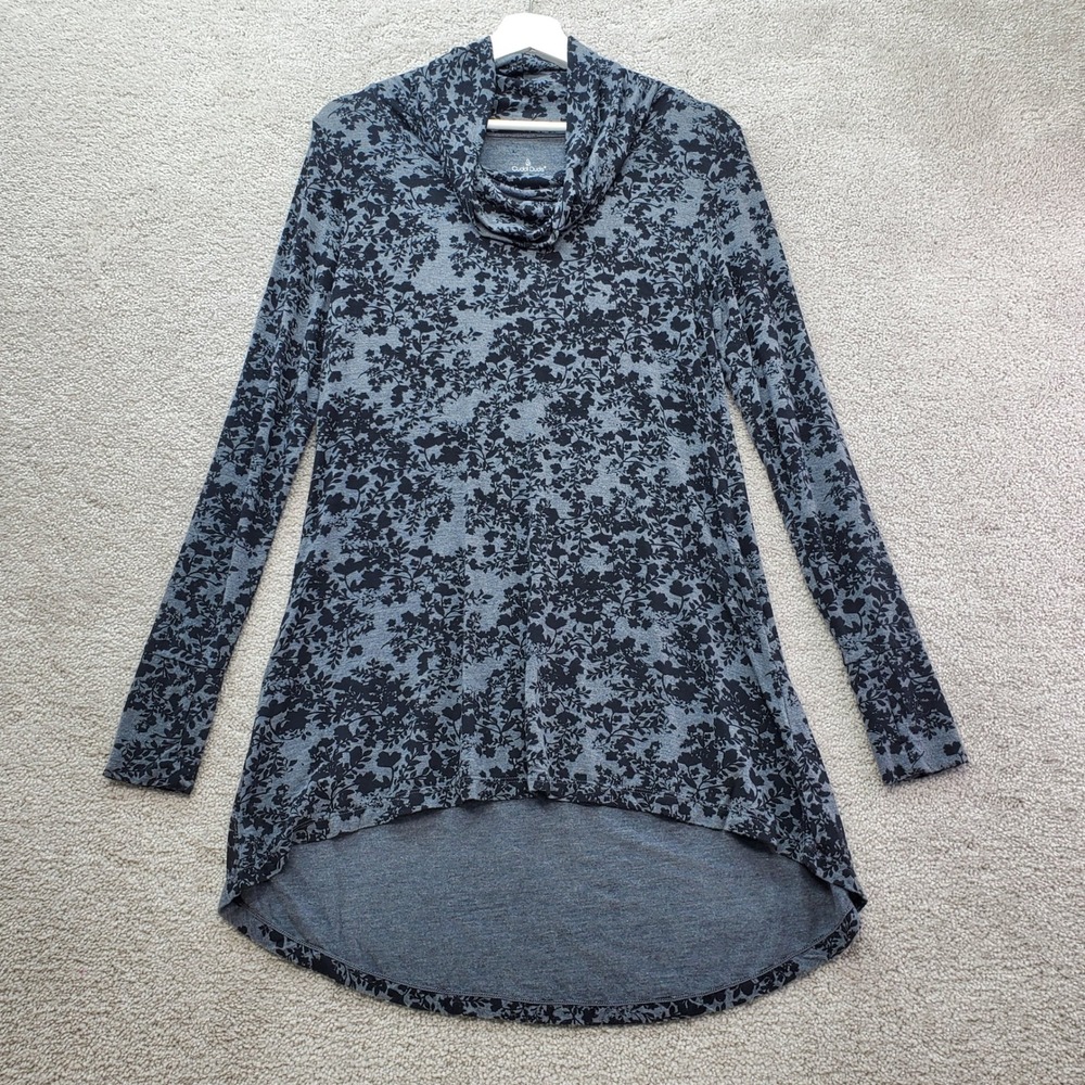 Cuddl Duds Tunic Top Womens Medium Gray Black Floral Print Cowl Neck Stretch